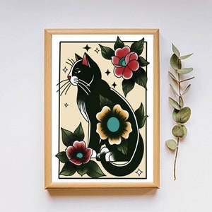 Black Cat Tattoo Flash Print, Tattoo Flash Art Print, Tattoo Flash, Traditional Tattoo Art, Cat Art Print, Hand Drawn Art Print