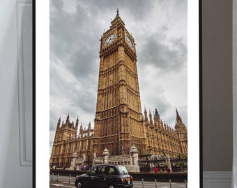 LONDON Big Ben with black cab and dramatic sky. Printable travel photography. Original wall art, instant digital download.