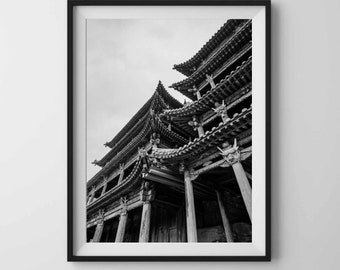 DATONG Hanging Monastery. Black and white travel photography. Architecture detail. Printable wall art, digital download.