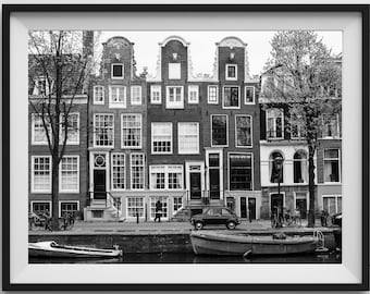 Kanał AMSTERDAM. Czarno-biała fotografia uliczna. Sztuka ścienna do druku, natychmiastowe pobieranie cyfrowe.
