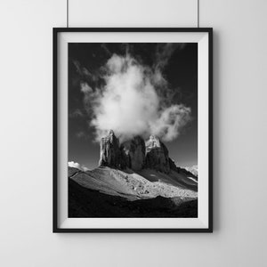 Dolomites Three Peaks Photography: Black and White Mountain Print (Digital Download)