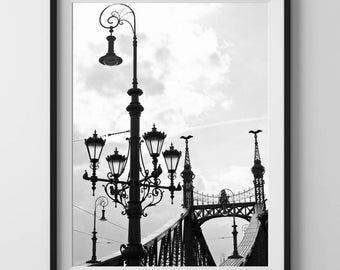 BUDAPEST Liberty Bridge. Black and white street photography. Printable wall art, instant digital download.