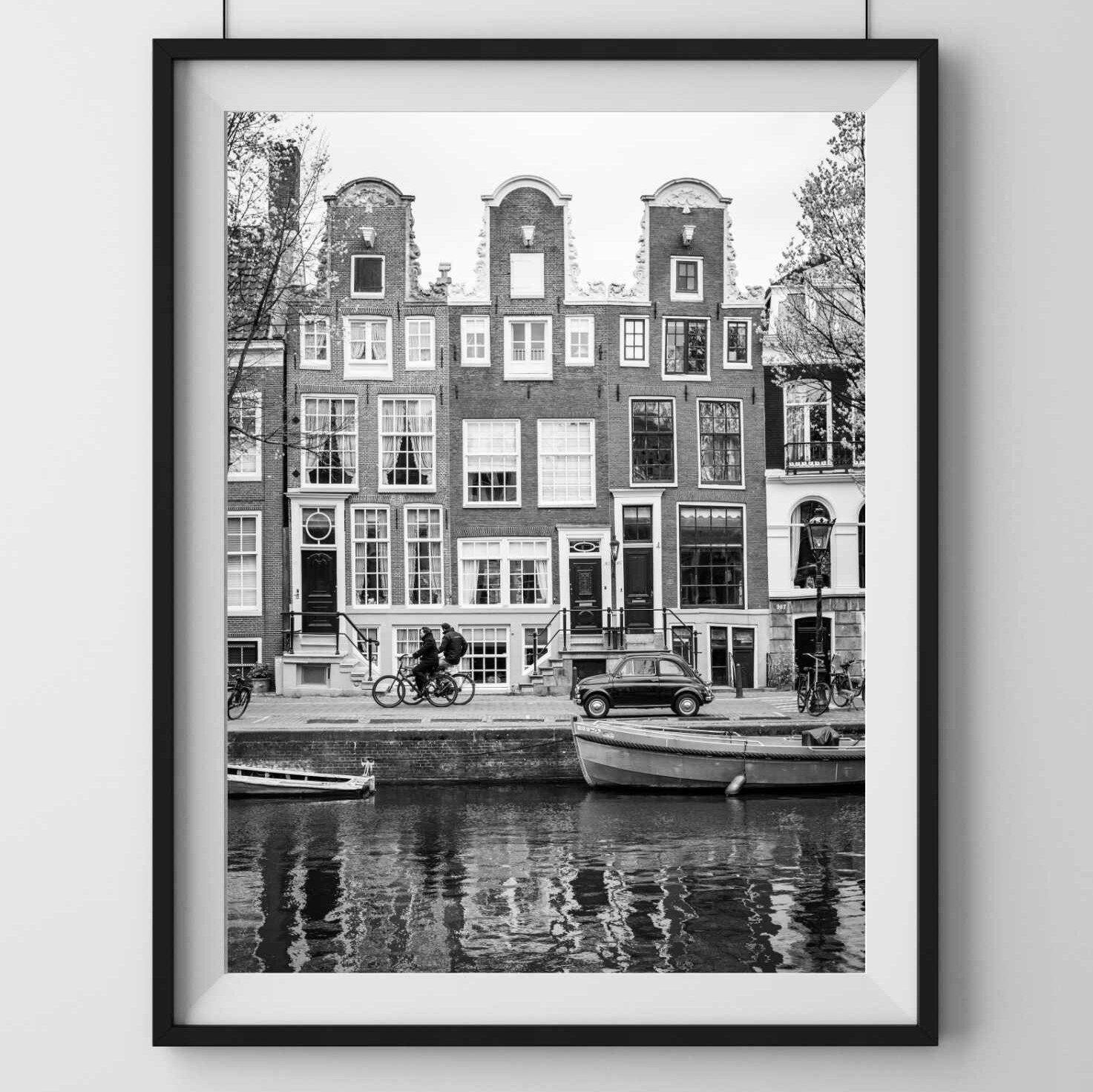 Kanał AMSTERDAM. Czarno-biała fotografia uliczna. Sztuka ścienna do druku, natychmiastowe pobieranie cyfrowe.