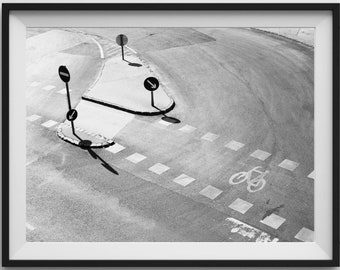 Black and white minimalistic street photography. BUDAPEST crossing from above. Printable wall art, instant digital download.