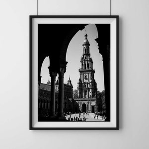 SEVILLA Plaza de España. Zwart-wit minimalistische reisfotografie. Afdrukbare muurkunst, digitale download.