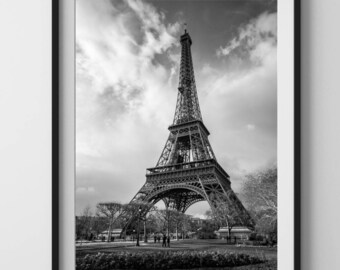 Eiffel Tower. PARIS. Black and white travel photography. Printable wall art, instant digital download.