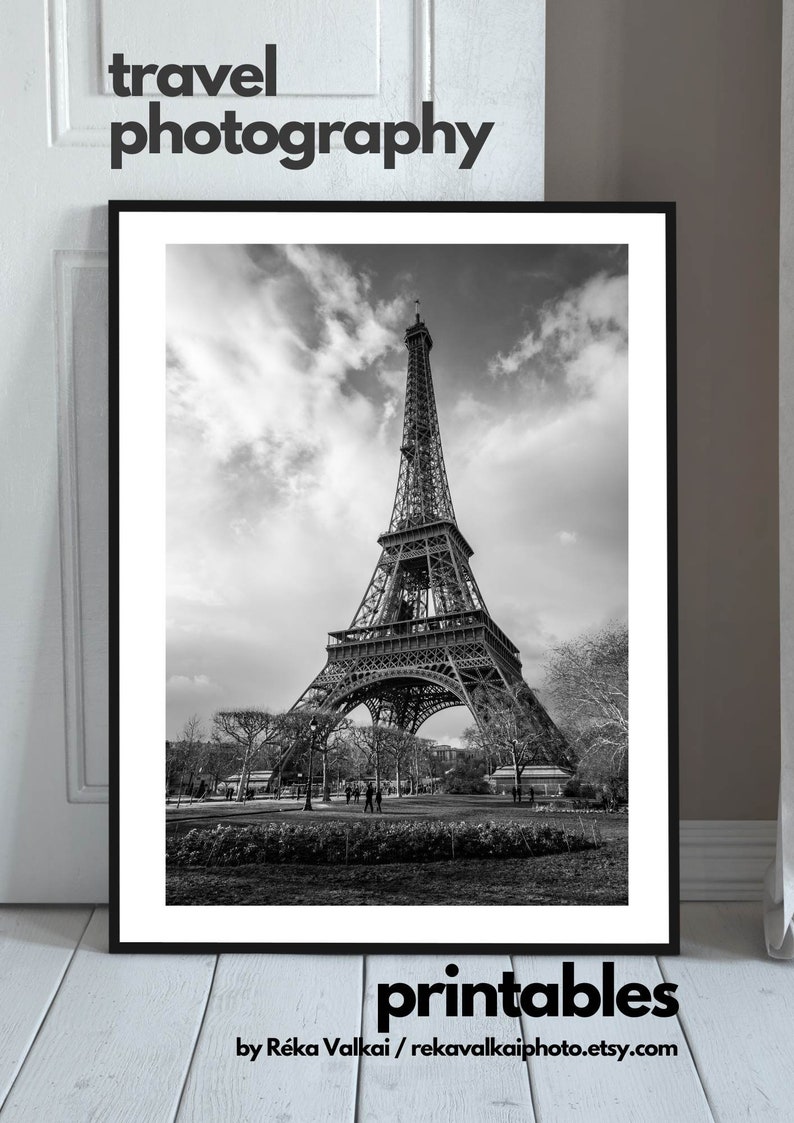 Eiffel Tower. PARIS. Black and white travel photography. Printable wall art, instant digital download. zdjęcie 3