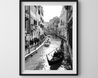 VENICE canal with a gondola, black and white travel photography. Printable wall art, instant digital download.