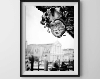 VENICE carnival mask, black and white street photography. Printable wall art, instant digital download.