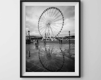 PARIS ferris wheel. Black and white street photography. Printable wall art, instant digital download.