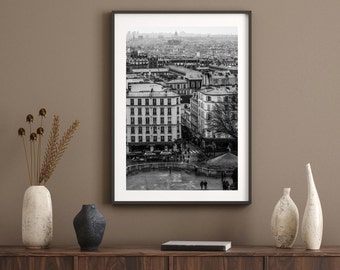 A view on Montmartre and Paris from Sacré Cœur. PARIS black and white travel photography. Printable wall art, instant digital download.