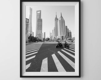 SHANGHAI black and white minimalistic street photography. Urban conversation. Printable wall art, instant digital download.