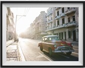 HAVANA sunset with red old-timer. Printable wall art for your home, digital download. Travel photography.