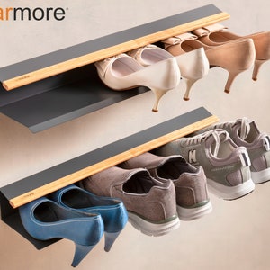 Schuhregal 2-teilig, modernes, platzsparendes Wand-Schuhregal aus Metall und Holz, Behälter für jeweils bis zu 4 Paar Schuhe Bild 1