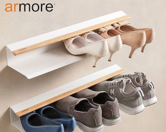 2-delige schoenenplank, moderne, ruimtebesparende wandplank van metaal en hout, biedt plaats aan maximaal 4 paar schoenen per plank.