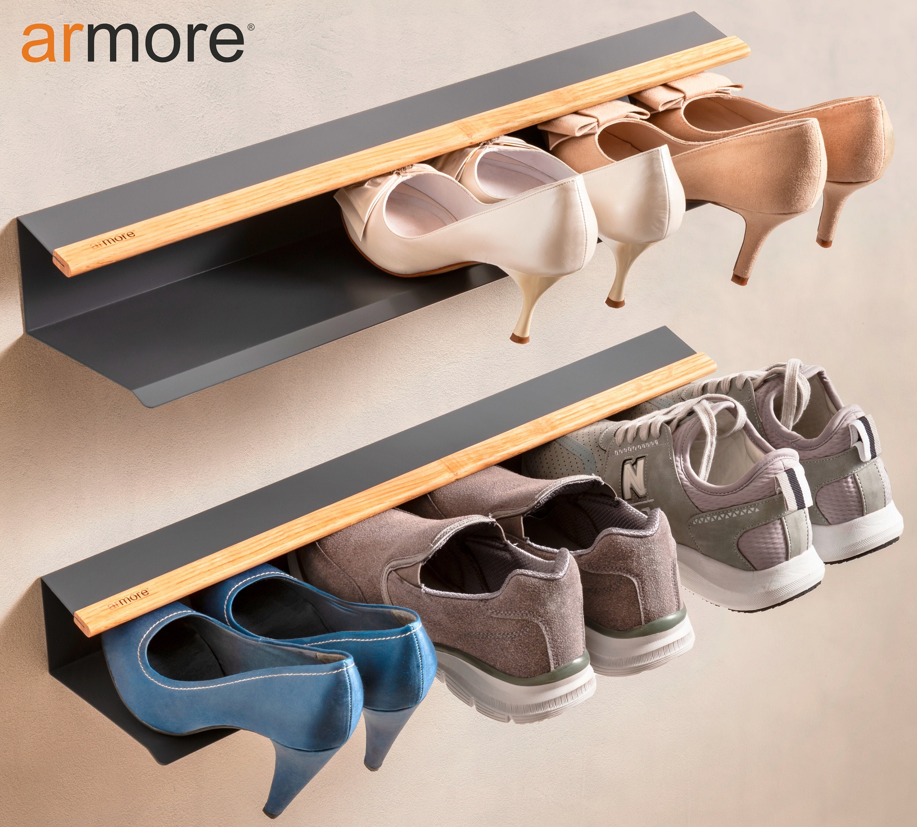 2-teiliges Schuhregal, modernes, platzsparendes, wandmontiertes Schuhregal aus Metall und Holz, bietet Platz für jeweils bis zu 4 Paar Schuhe