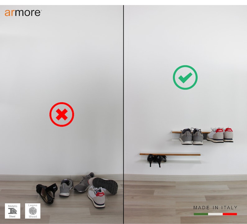 Schoenenrek 2 stuks modern ruimtebesparend wandschoenenrek van metaal en hout, container voor maximaal 4 paar schoenen per stuk afbeelding 3
