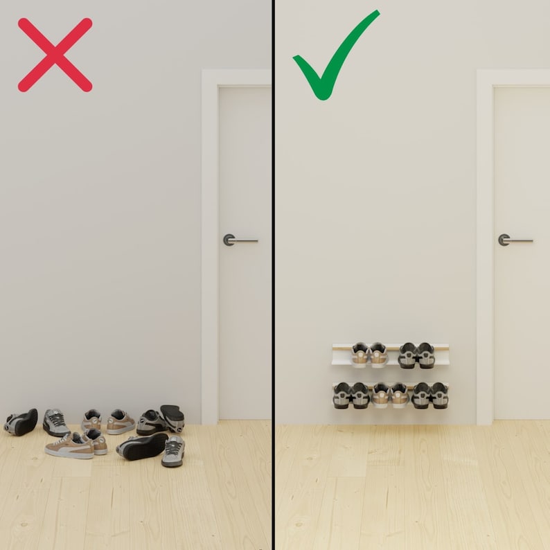 Op de afbeelding: Een witte schoenenrek met twee planken gemonteerd aan een witte muur. De bovenste plank heeft drie paar schoenen en de onderste plank heeft drie paar schoenen. De schoenen zijn een mix van zwart, wit en bruin. De schoenenrek staat naast een witte deur met een zilveren deurknop. Aan de linkerkant van de afbeelding staat een rode X. Aan de rechterkant van de afbeelding staat een groene vink.