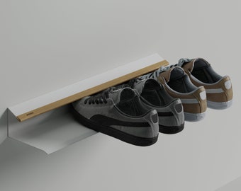 Shoe shelf, modern space-saving wall-mounted shoe rack in metal and wood, holds up to 4 pairs of shoes, durable shoe storage