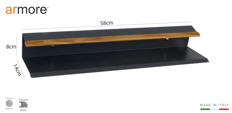Op de afbeelding: Een zwart metalen plank met twee planken en een bovenste plank van hout. De plank is 58 cm lang, 8 cm hoog en 14 cm diep. De plank is gemaakt van metaal en hout.