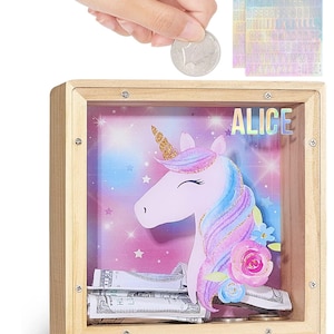DIY Unicorn Piggy Bank, 2 Colors, Wooden Piggy Bank for Kids Boys Girls, DIY Name Piggy Bank, DIY Name Coin Bank, Wooden Piggy Bank