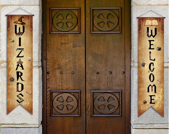 Pancarta colgante de bienvenida para magos, decoraciones para fiestas de magos, telón de fondo para fiestas de magos, pancarta para el porche de fiestas de magos, pancarta para fiestas mágicas