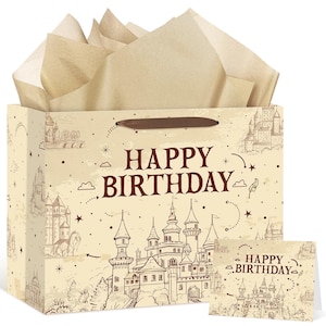 Bolsa de regalo grande de cumpleaños de mago con papel de regalo y tarjeta: cartón grueso y duradero con asas, perfecta para recuerdos de fiesta mágicos, Halloween.