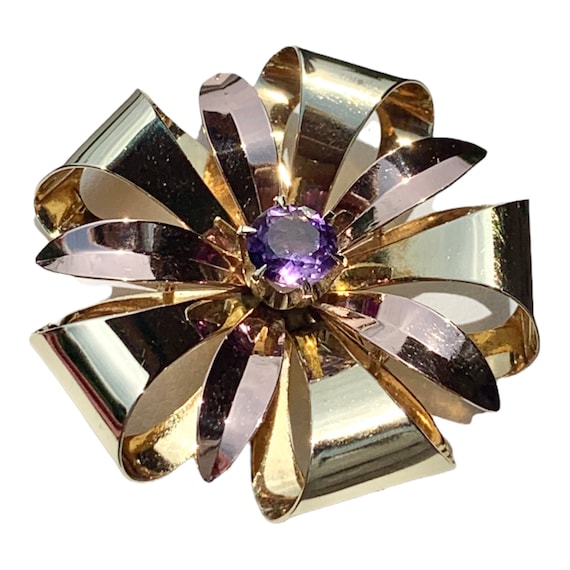 Vintage 14K Yellow and Rose Gold Amethyst Brooch
