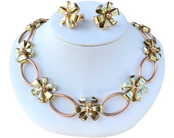 Retro 14k Gold Flower Necklace Earring Set