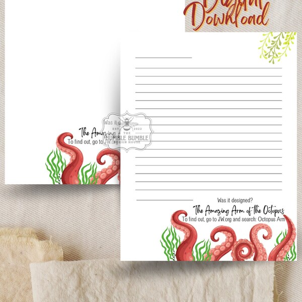 JW Letter Writing Stationery . Was It Designed? . Octopus Arm . Printable . Digital Download