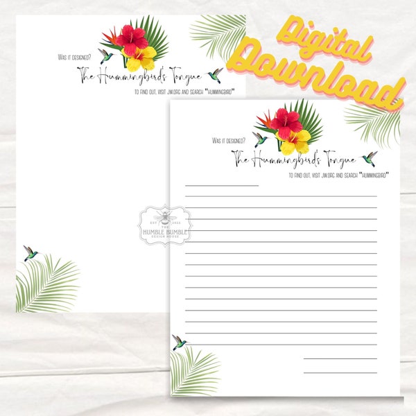 JW Letter Writing Stationery . Was It Designed . The Hummingbirds Tongue. Printable . Digital Download