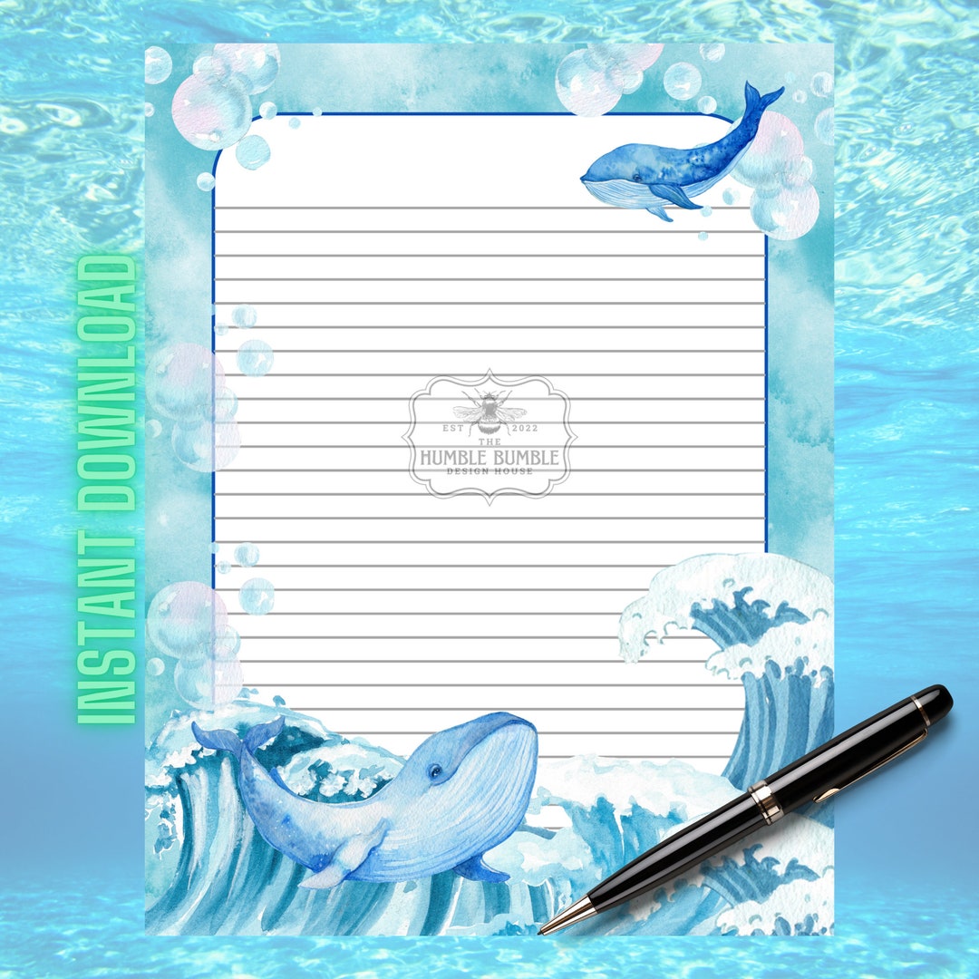 Whale Letter Writing Stationery . Humpback Whale . Waves . Ocean