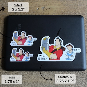 K&ouml;nnte beinhalten: Vier verschiedene Gr&ouml;&szlig;en eines Aufklebers mit einer Cartoon-Illustration eines Mannes, der ein Buch mit dem Text "What is this?" h&auml;lt, und einer Frau, die neben ihm steht mit dem Text "Smut." Die Aufklebergr&ouml;&szlig;en sind 5,1 x 3,0 cm, 4,4 x 2,5 cm und 8,3 x 4,8 cm.