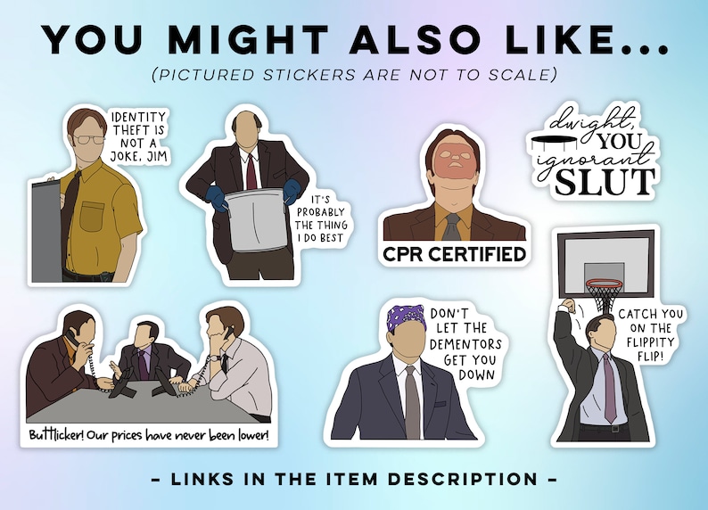 Może przedstawiać: Zestaw dziewięciu naklejek z motywem serialu &bdquo;The Office&rdquo;, przedstawiających postacie z serialu. Naklejki zawierają cytaty z serialu, takie jak &bdquo;Kradzież tożsamości to nie żart, Jim&rdquo; i &bdquo;Certyfikat CPR&rdquo;.