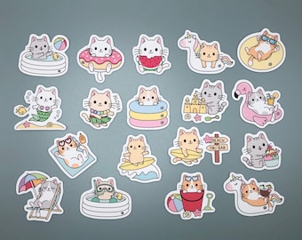 Cute Funny Summer Cat Stickers Set of 18 | Perfect for Planners, Bullet Journals, and Laptops High-Quality Vinyl Stickers for Animal Lovers