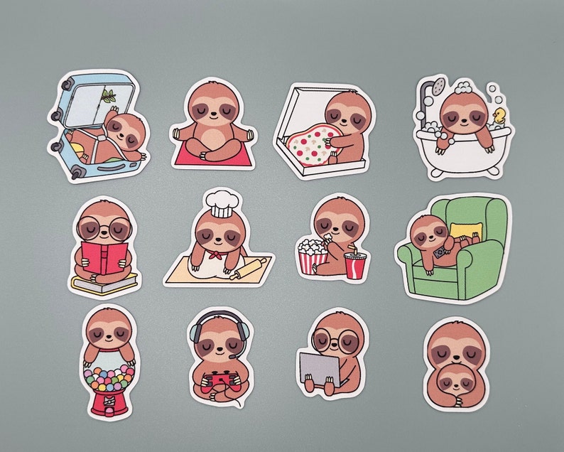 May include: Ten colorful stickers featuring cute cartoon sloths in various activities. The sloths are depicted in different poses, including sleeping, eating pizza, reading a book, and relaxing in a bathtub. The stickers are perfect for adding a touch of whimsy to laptops, water bottles, or journals.