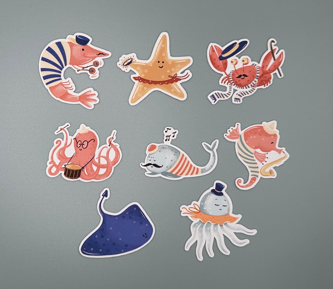 Cute Sea Animals Stickers Set of 8 Perfect for Planners, Bullet