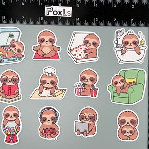 May include: A set of ten sloth stickers featuring different activities, including eating pizza, taking a bath, reading a book, baking, watching a movie, sleeping in a chair, playing video games, eating candy, wearing glasses and hugging. The stickers are printed on white paper with a glossy finish.