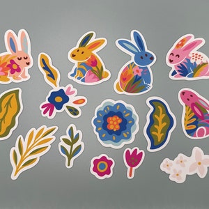 Lindo colorido conejito pegatinas conjunto de 14 / perfecto para planificadores, diarios de balas y computadoras portátiles / pegatinas de vinilo de alta calidad para amantes de los animales