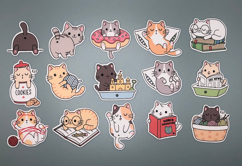 Cute Funny Cat Stickers Set of 15 Perfect for Planners, Bullet Journals, and Laptops High-Quality Vinyl Stickers for Animal Lovers Matte Vinyl
