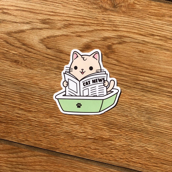 Matte Cute Cat Reading Newspaper in Litter Box Sticker Etsy