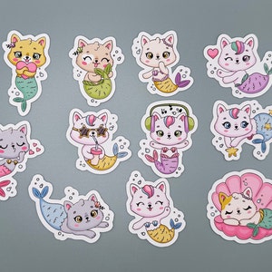 Cute Mermaid Cat Stickers - Set of 11 | Perfect for Planners, Bullet Journals, and Laptops | High-Quality Vinyl Stickers for Animal Lovers