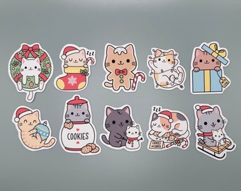 Cute Christmas Cat Stickers - Set of 10 | Perfect for Planners, Bullet Journals, and Laptops | High-Quality Vinyl Stickers for Animal Lovers