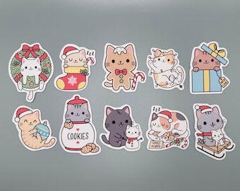 Cute Christmas Cat Stickers - Set of 10 | Perfect for Planners, Bullet Journals, and Laptops | High-Quality Vinyl Stickers for Animal Lovers