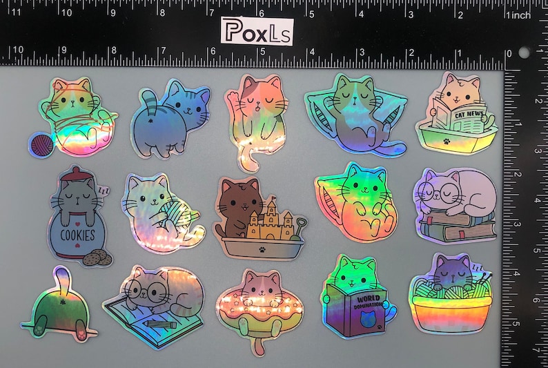 Cute Funny Cat Stickers Set of 15 Perfect for Planners, Bullet Journals, and Laptops High-Quality Vinyl Stickers for Animal Lovers Holographic Vinyl