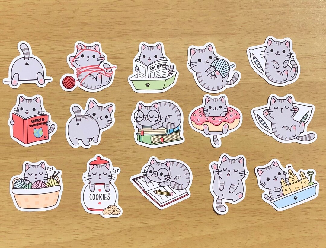 Cute Funny Gray Cat Stickers Set of 15 Perfect for Planners, Bullet
