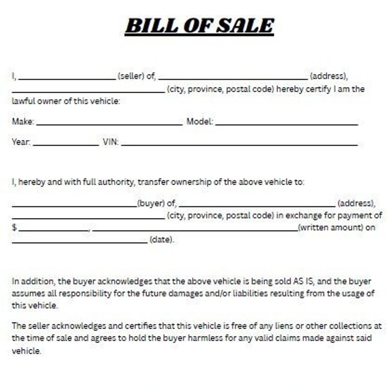 Vehicle Bill of Sale Florida Etsy