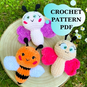 Easy Crochet PATTERN set of 2 honey bee and butterfly in ENGLISH, amigurumi bee PDF tutorial
