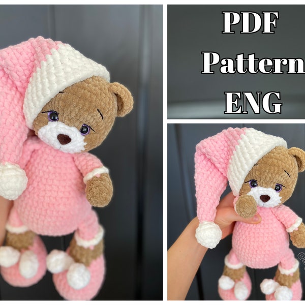 Bär im Pyjama-Muster/Amigurumi/Anleitung für schlafende Bären/Häkelanleitung/Kuscheltiere PDF/ENG