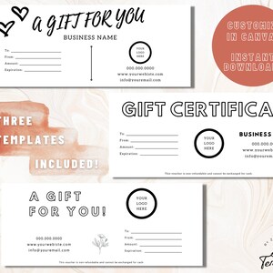 THREE (3) DIY Editable and Printable Gift Certificate Templates | Customize in Canva | Digital Template for Small Business